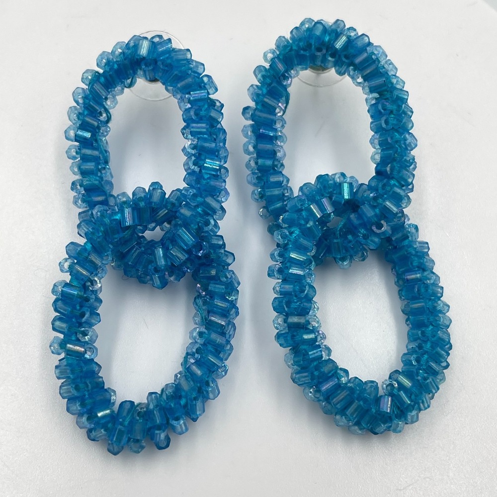 Vintage Y2K Aqua Blue Seed Bead Double Hoop Statement Earrings Accessory to Love